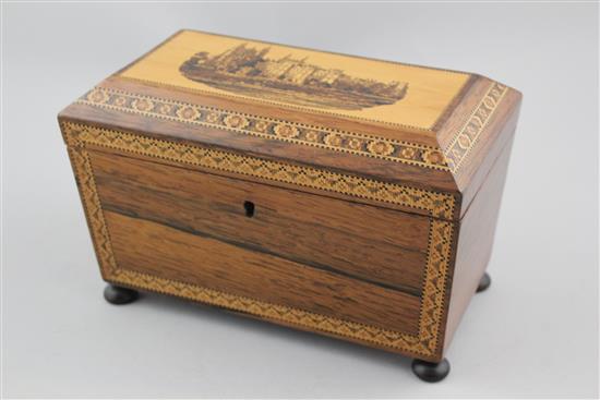 A Victorian rosewood Tunbridge ware tea caddy, 8.25in.